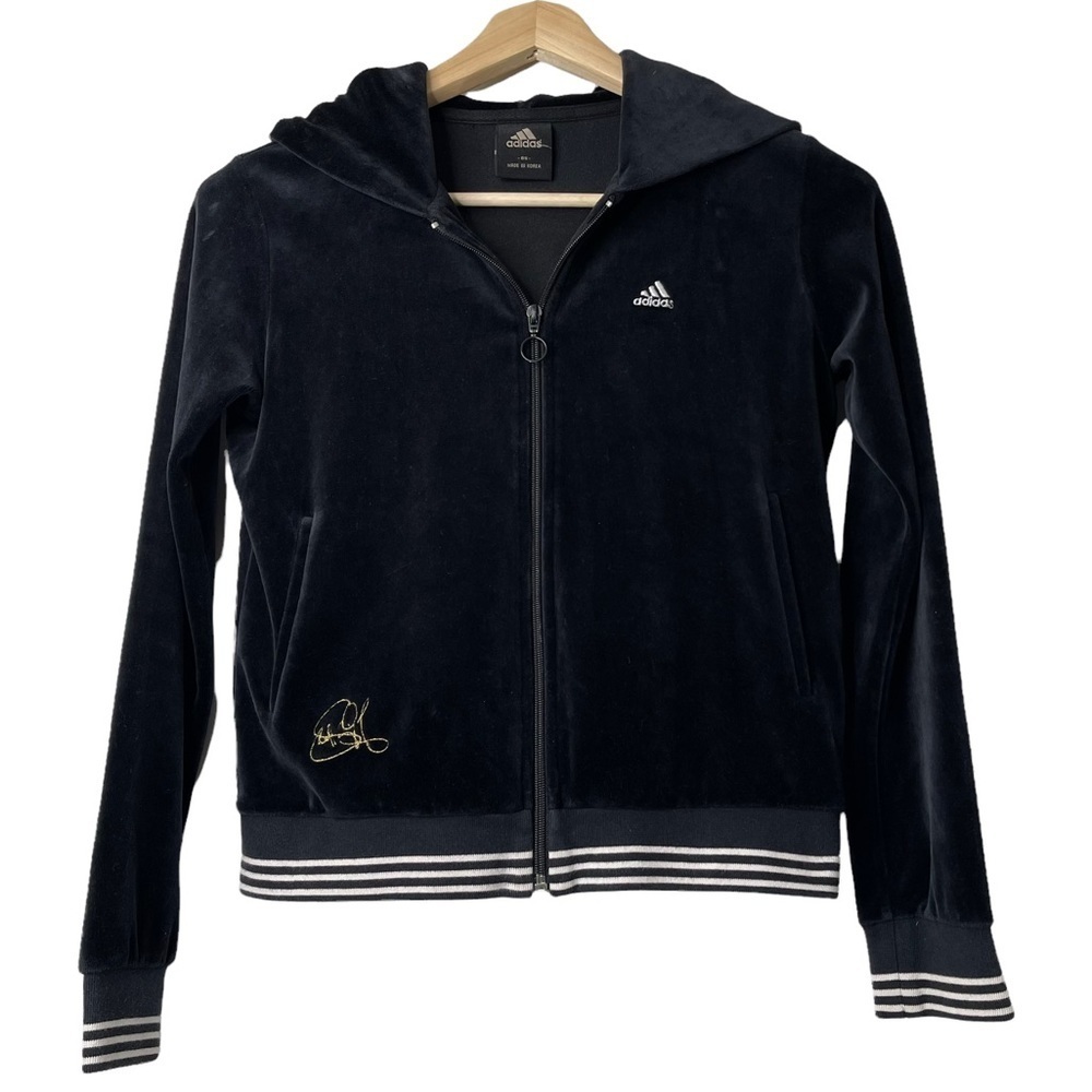 Adidas Y2K 2000s Velour Zip Hoodie Black Gold Embroidery Small Sporty Chic